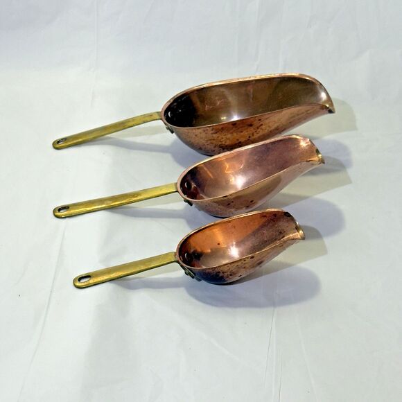 Vintage ODI Copper & Brass Rustic Measuring Scoops (Set of 3) 2oz, 3oz, 7oz - Picture 1 of 12